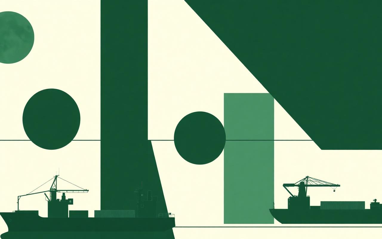 Composição abstrata em tons de verde com referências à indústria e ao comércio